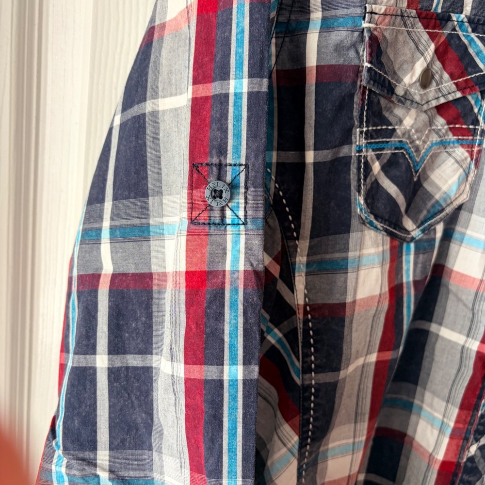 Helix Mens Large Athletic Fit Plaid Button Down Shirt Navy Red Long Sleeve - Picture 4 of 8